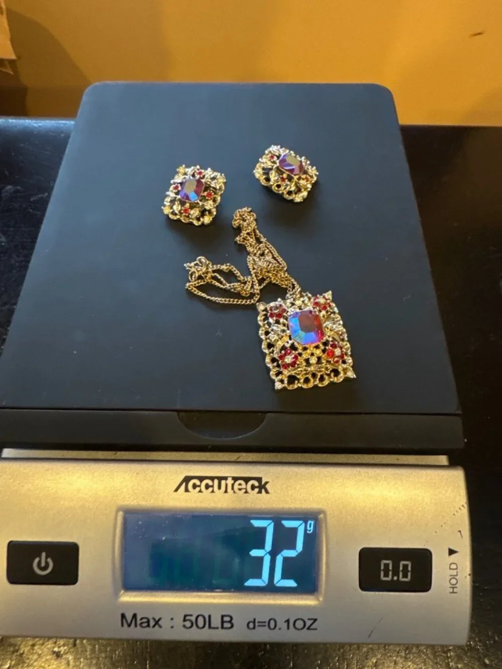 Vintage Coro AB Rhinestone Pendant Necklace Clip Earrings Set Hollywood Regency